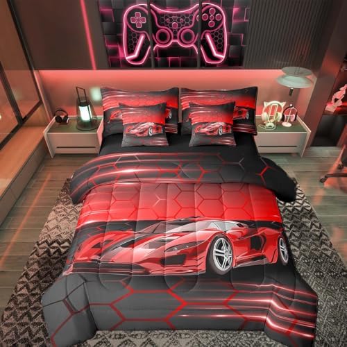 Feelyou Red Race Car Bedding Set 7 Piece Boys Girls Speed Sports Car King Comforter Set with Sheets for Kids Extreme Sports Bed in a Bag Lighting Honeycomb Theme Bed Set Room Decor by Feelyou