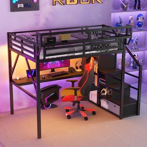 KEIKI Full Size Metal Loft Bed Frame with Desk, Staircase, Built-in Storage Shelves and Wardrobe, Modern Loft Bed with Solid Slats, Guardrail, No Box Spring Required, Easy Assembly, for Bedroom, Black - Image 4