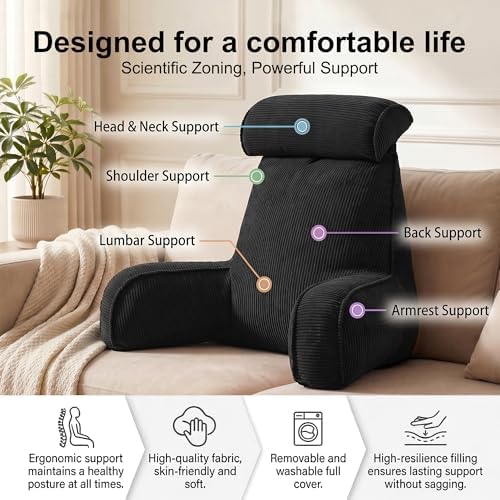 Corduroy Reading Pillow for Sitting Up in Bed, Bed Rest Backrest Pillow with Arms, Low Back Support Cushion with Side Pockets & Washable Cover, Back Support for Sofa Couch Relax, Lamp Black - Image 3