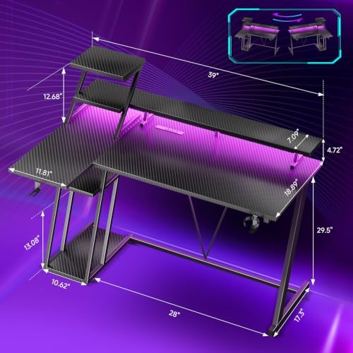 Korfile 40 Inch Gaming Desk with LED Lights & Power Outlet, L Shaped Computer Gaming Table with Storage Shelves, Reversible Corner Desk with Monitor Stand for Home Office, Carbon Fiber Black - Image 2