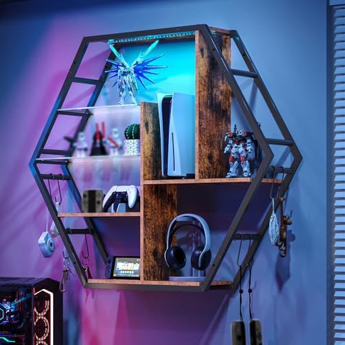 Saudism Gaming Floating Shelf with RGB LED Lights, Hexagon Wall Mounted by Saudism