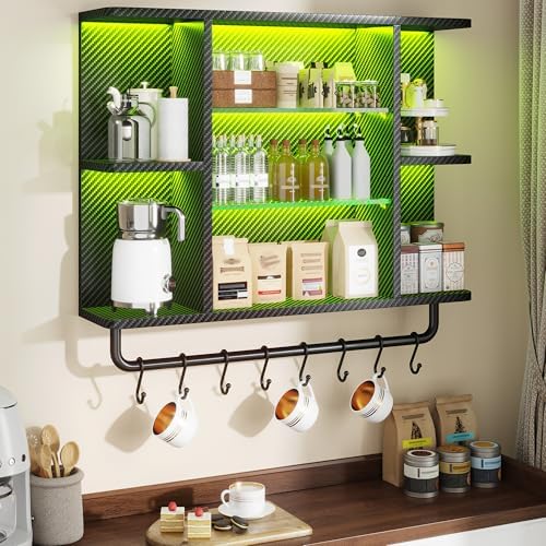 REIBII 34" Gaming Floating Shelves, LED Wall Mounted Shelf with Adjustable Glass Shelf, 7 Tiers Display Rack with 8 S-Hook, Gaming Room Decor Wine Coffee Bar, Black Carbon Fiber - Image 6