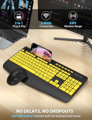 Wireless Keyboard and Mouse Combo - Large Print Ergonomic Keyboard with Wrist Rest, Phone Holder, Sleep Mode, Silent 2.4GHz Keyboard Mouse Set for Computer, Laptop, PC, Mac, Windows - Trueque - Image 5