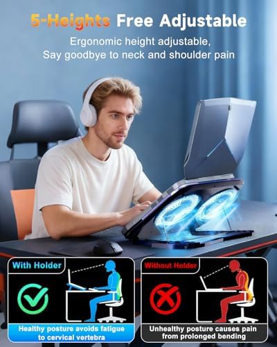 Upgraded Laptop Cooling Pad with Dual TEC Coolers & 2 Quiet Fans-RGB Laptop Cooler for 12-21in Laptops, Gaming Laptop Fan Cooling Pad Stand with Phone Holder, 100-Speed & 5-Height Adjustable, USB Port - Image 4