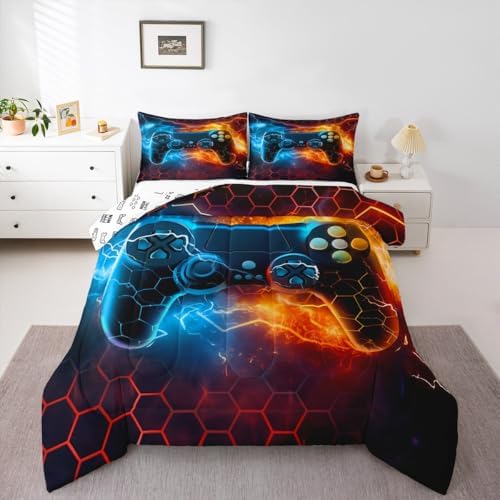 Feelyou Kids Boys Blue Red Gamer Comforter Full Size, Honeycomb Gaming Comforter Set for Lightning Gamer Bedding Set Game Duvet Set with 2 Pillow Case Room Decor Quilt Set Bedding Collection - Image 4