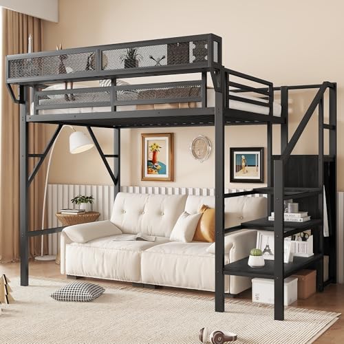 KEIKI Twin Size Metal Loft Bed Frame with Convertible Staircase, Built-in Storage Shelves & Wardrobe, Loft Bed with Solid Slats & Guardrail, No Box Spring Required, Easy Assembly, for Bedroom, Black by KEIKI