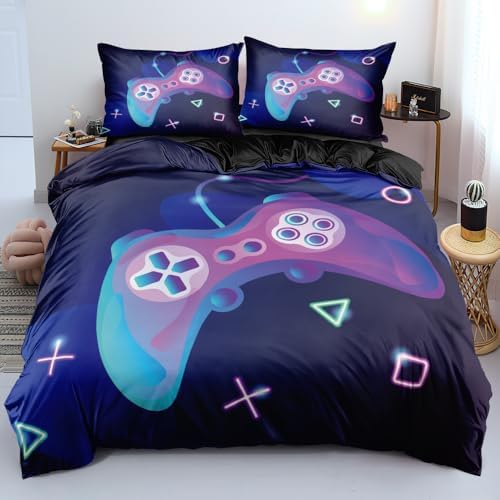 King Size Bedding Set for Gamers - Comforter Cover with Pillowcases Featuring Charming Powder Blue Gamepad Artwork, Creates Energetic Gaming Ambiance in Kids' Bedrooms by Holiyjog