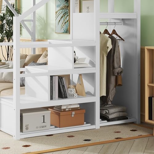 KEIKI Full Size Metal Loft Bed Frame with Convertible Staircase, Built-in Storage Shelves and Wardrobe, Loft Bed with Solid Slats, Guardrail, No Box Spring Required, Easy Assembly, for Bedroom, White - Image 6