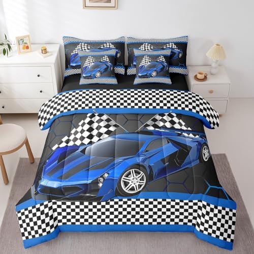 Feelyou Race Car King Comforter Set with Sheets for Kids Boys Black White Checkered Flag Print Bed in a Bag Extreme Sports Bedding Set 7 Piece Honeycomb Speed Sports Car Blue Bed Set - Image 3