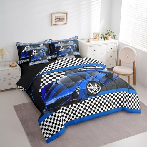 Feelyou Race Car King Comforter Set with Sheets for Kids Boys Black White Checkered Flag Print Bed in a Bag Extreme Sports Bedding Set 7 Piece Honeycomb Speed Sports Car Blue Bed Set - Image 2