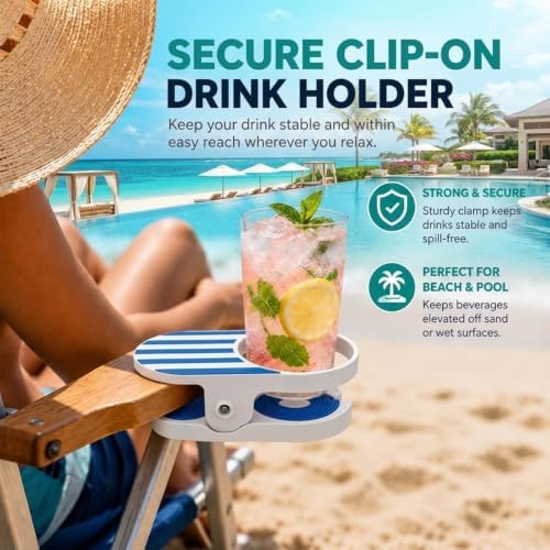 Clip On Cup Holder for Beach Chair, Portable Drink Clamp Attachments Fits Zero Gravity, Adirondack, Desk, Pool Lounger, Cruise - Holds Coffee Mugs, Water Bottles, Cans，Coloful - Image 2