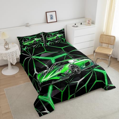 Feelyou Sports Car Bedding Set for Boys, Green Race Car Comforter Set Toddler Size for Kids Teens Adult, Cool Speed Car Bedding Comforter Sets Extreme Sports Quilt Race Car Decor Quilt Set for Boys - Image 3