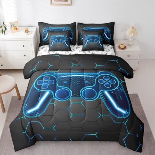 Feelyou Gamer Comforter Set with Sheets for Kids Boys Teens Game Controller Bed in a Bag Gaming Gifts 7 Piece Bedding Set Full Size for All Season,Blue Bed Set - Image 3