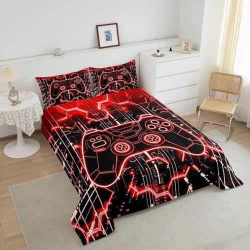 Feelyou Kids Red Gamer Comforter Set Full Size, Honeycomb Gaming Comforter Boys Girls Modern Game Console Bedding Set Gamepad Teens Duvet Set Bedroom Decor Microfiber Bed Set - Image 4