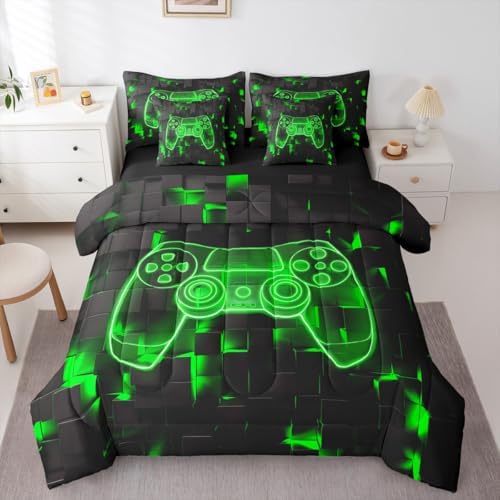 Erosebridal Full Gamer Bedding Set 7 Piece for Boys | Player Gaming Comforter Sets Game Controller Sheet Set Ombre Geometric Square Bed in A Bag for Kids Teens Men, Green Black by Erosebridal