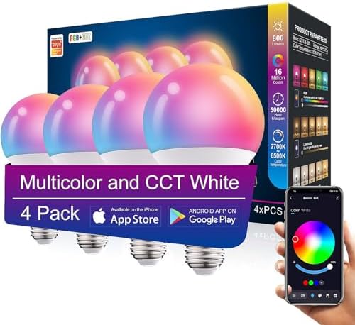4 Pack Smart Light Bulbs,WiFi & Bluetooth LED Light Bulb That Works with Alexa & Google Home, Color Changing Light Bulb, 10W A19 E26 2.4Ghz WiFi Light Bulbs 60 watt Equivalent, 800lm Dimmable by AFINSEA