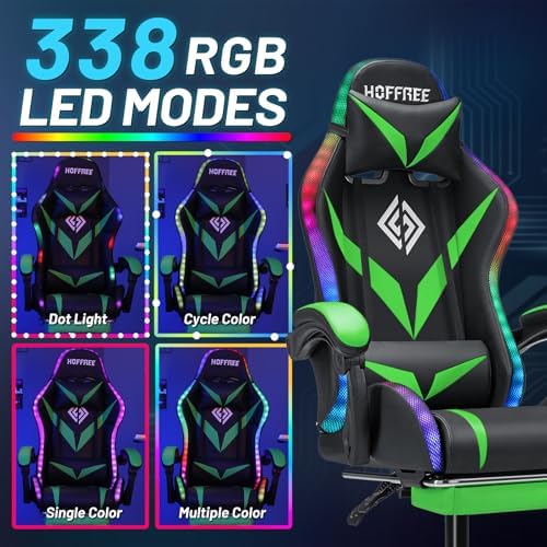 Gaming Chair with Bluetooth Speakers RGB LED Lights Computer Chair-Green | Ergonomic Massage Game Chair with Footrest & Lumbar Support High Back Video Game Chair for Adults Racing Style - Image 6