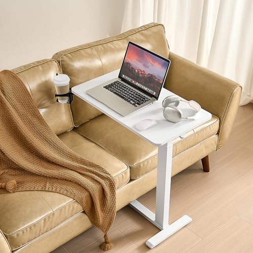 VEVOR Overbed Table, Over Bed Table with Wheels Adjustable Height, Mobile Hospital Bed Table, Rolling Laptop Desk with Fixed Top & Cup Holder, Portable Over Bed Desk for Home, Office, Study, White - Image 2