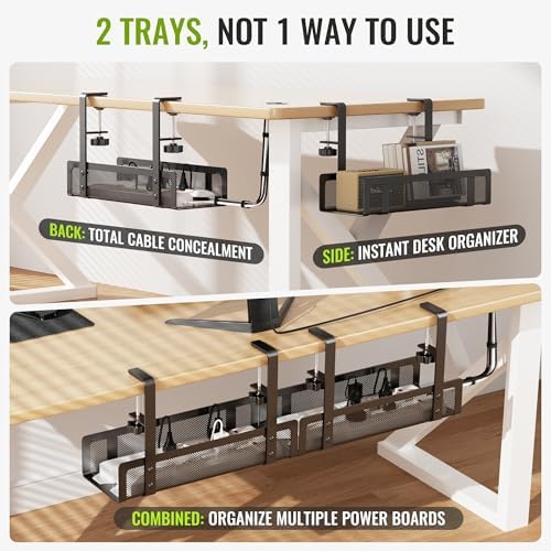 [Upgraded] 2 Pack Cable Management Under Desk Tray, Xpatee 27.6" No Drill Open Slots Cable Management Tray, Cord Wire Organizer Box with Clamp for Table Thickness up to 3" - No Desk Damage(Black) - Image 2
