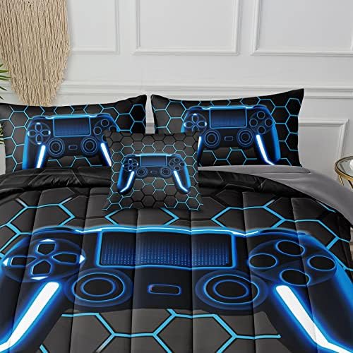 BDUCOK 6 Piece Gamer Comforter Sets Bed in A Bag for Boys Teen Kids,Honeycomb Gaming Bedding Sets Gamepad Comforter Microfiber Bed Set for All Season Gamer Home Decor(Blue,6 Piece Sets30022-Full) - Image 6