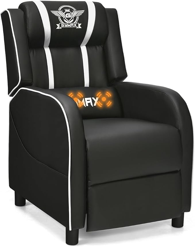 GYMAX Gaming Recliner, Massage Gaming Chair with Adjustable Backrest Footrest, Remote Control & Side Pocket, Ergonomic Game Lounge Chair, Racing Style Single Theater Seat Game Sofa for Adults (White) by GYMAX