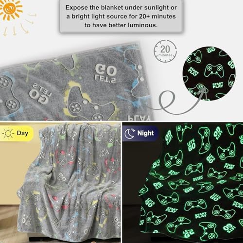 Jekeno Glow in The Dark Gaming Blanket Gamer Game Controller Throw Gift Toys for Boys Adults Men Women Gamepad Presents Birthday Halloween Christmas Bedroom Decor Luminous Blanket Grey 60"x80" - Image 2