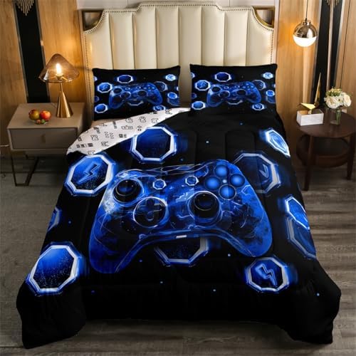 Feelyou Kids Blue Gamer Comforter Set Queen Size, Game Console Comforter Space Universe Gaming Bedding Set Boys Girls Gamepad Teens Duvet Set Bedroom Decor Bed Set 3Pcs by Feelyou