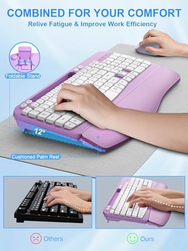 Hayyiesh Ergonomic Wave Keys Wireless Keyboard and Mouse Combo, Full Size with Memory Foam Wrist Rest & Phone Holder, 2.4G Cordless Set with USB-C Adapter for Windows Mac Desktop Laptop (Purple) - Image 5