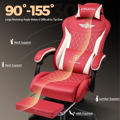 GTPLAYER Gaming Chair with Footrest, Big and Tall Game Chair High Back Computer Office Chair with Lumbar Support for Adults, Ergonomic Swivel Games Chair with Cushion Gaming, Leather Red - Image 5