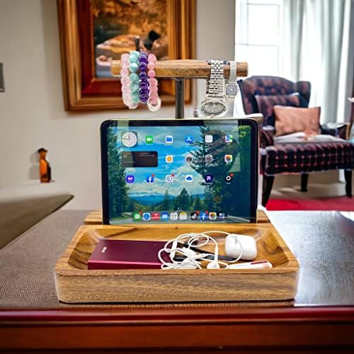 Dual Headphone Stand, Acacia Wood Holder for 2 Headsets, Phone & Tablet - Image 2