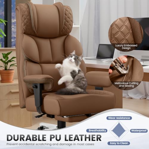 BestGlory Office Desk Chair, Big and Tall Leather Gaming Chair with Footrest, Ergonomic Comfy Executive High-Back Reclining Computer Chairs, Wide Swivel Rolling Wheels and Padded Lumbar Support, Khaki - Image 4