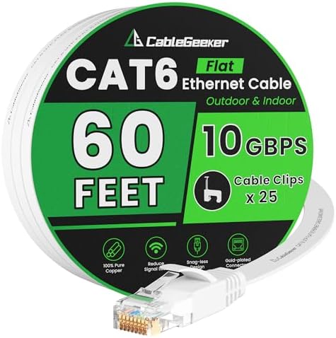 CableGeeker Cat 6 Flat Ethernet Cable 60ft, 10Gbps, White by CableGeeker