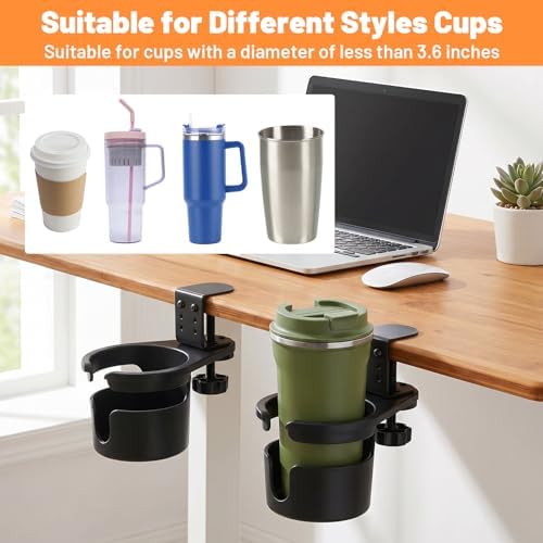 2 Pack Desk Cup Holder Clamp, 360° Rotating Anti-Spill Clip on Cup Holder for Desk, Adjustable Metal & ABS Drink Holders for Coffee Mugs, Water Bottles, Gaming Accessories - Image 5