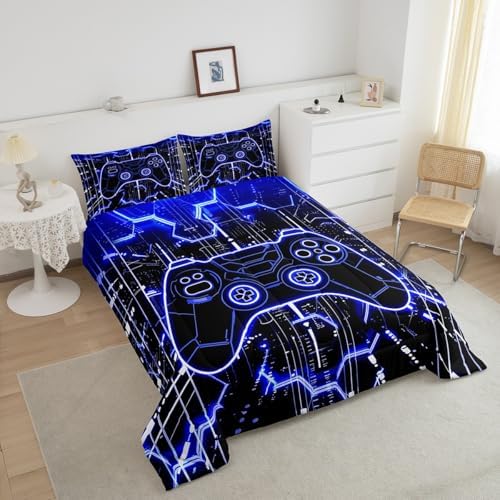 Feelyou Kids Blue Gamer Bedding Set Toddler Size, Honeycomb Gaming Comforter Set Boys Girls Modern Game Console Comforter Gamepad Teens Duvet Set Bedroom Decor Bed Set 2Pcs - Image 4