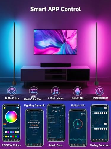 Tyute LED Corner Floor Lamp, RGBICW Corner Light with Music Sync, Smart App and Remote Control, 16 Million Colors & 68+ Scene, Ambient Lighting for Bedroom, Living Room Gaming Room (2pcs) - Image 4