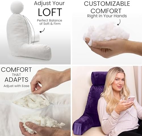 Husband Pillow Medium Reading Pillow with Arms - 23" Backrest for Sitting Up in Bed - Firm Support Bed Rest Pillow for Adults, Neck Roll, Removable Cover - TV, Reading, Lounging - Purple - Image 2