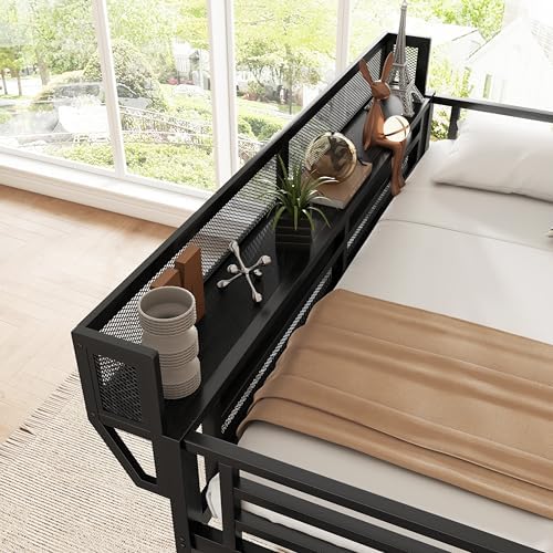 KEIKI Twin Size Metal Loft Bed Frame with Convertible Staircase, Built-in Storage Shelves & Wardrobe, Loft Bed with Solid Slats & Guardrail, No Box Spring Required, Easy Assembly, for Bedroom, Black - Image 5