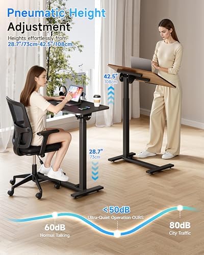 BIZUM Mobile Standing Desk Laptop Desk Pneumatic with Wheels 180° Tilt Top Hospital Bed Table Portable Rolling Cart Foldable Bedside Table for Hospital&Home Use, Black - Image 6