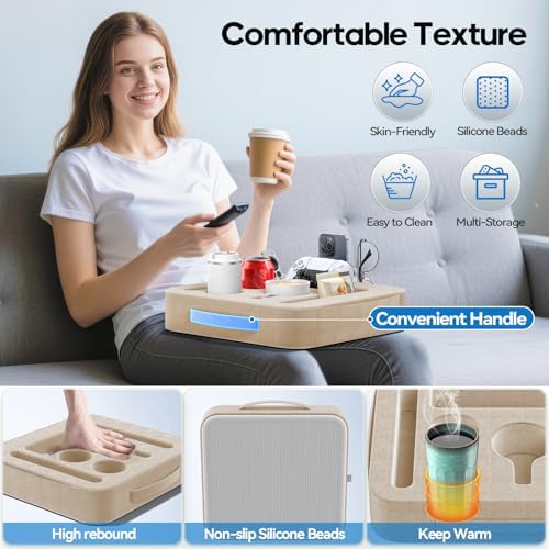 Couch Cup Holder Tray, Couch Caddy for Drink, Snack, Phone, Remote, Ipad, Game Controller, Large-size Sofa Cup Holder for Bed, Sofa, Car, Desk, Khaki - Image 5
