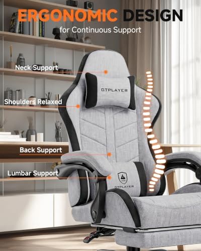 GTPLAYER Gaming Chair for Adults, Computer Chair with Footrest, Grey | Ergonomic Video Game Chair with 90-155° Recline, Removable Headrest & Lumbar Support, All-Day Comfort for Home & Office - Image 4