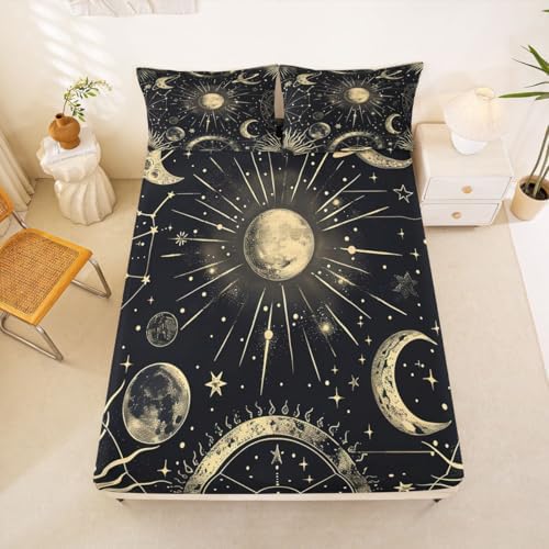 Erosebridal Bohemian Sun Moon Sheet Set Twin Galaxy Top Sheet Constellation Fitted Sheet Starry Sky Bed Sheet Exotic Style Golden Black Room Decorative Flat Sheet Cartoon Deep Pocket Fitted Sheets - Image 5