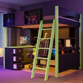Merax Full Size Wood Loft Bed Frame with Desk and Ample Storage Space, Gaming Bed with Light Strip for Teens Bedroom, Full-Length Guardrails, No Box Spring Needed, Green by Merax