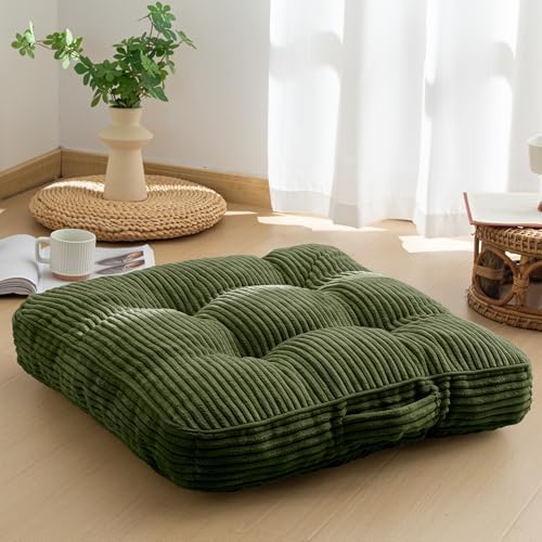 HIGOGOGO Floor Pillow Cushion for Adults, Meditation Cushion Pillow, Large Square Floor Sitting, Tufted Corduroy Cover, for Tatami Living Room or Yoga, Dark Green by HIGOGOGO