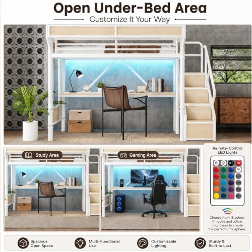 Bellemave Queen Loft Bed with Desk & Pegboard, Metal Loft Bed Frame with Storage Stairs, Wardrobe & Beside Shelf, Heavy Duty Loft Bed Queen Size with Charging Station & LED Lights, White & Natural - Image 6