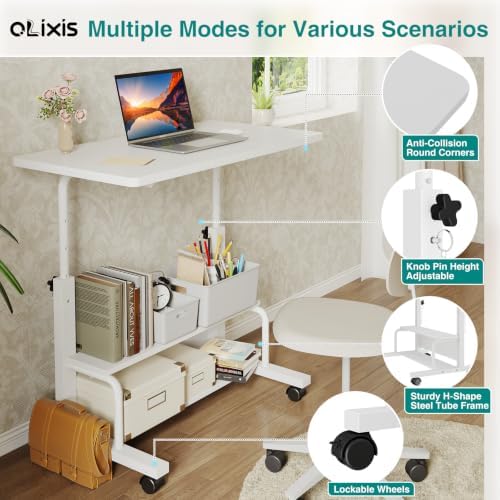 OLIXIS Rolling Desk, Storage Shelves, Laptop Table, Home Office - Image 4