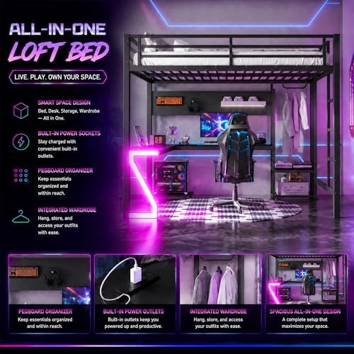 Bellemave Queen Size Metal Loft Bed with L-Shaped Desk, Z-Shaped LED Lights & Charging Station, Heavy Duty Loft Bed Frame with Hanging Rod for Kids, Teens & Adults, Space Saving,Black - Image 3