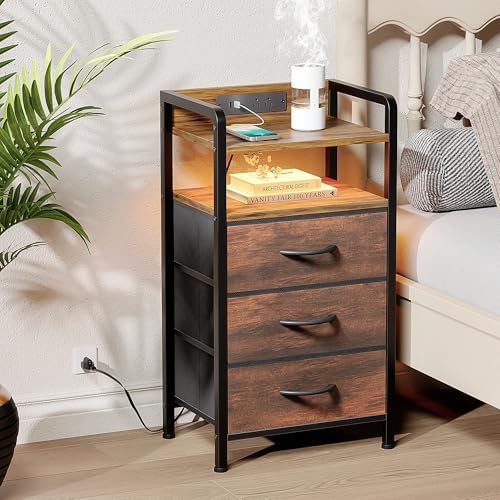 Lazzanto Nightstand with Rear Charging Station, LED Light, 3 Drawers, Brown - Image 2