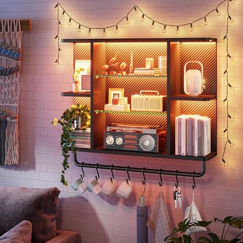 REIBII 34" Gaming Floating Shelves, LED Wall Mounted Shelf with Adjustable Glass Shelf, 7 Tiers Display Rack with 8 S-Hook, Gaming Room Decor Wine Coffee Bar, Black Carbon Fiber - Image 5