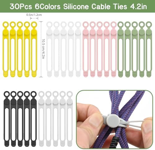 30Pcs Reusable Silicone Cable Ties 4.2in Wire Organizers for Cords, Charging Cables, USB Data Cables Electrical Cord Management 6Colors - Image 2