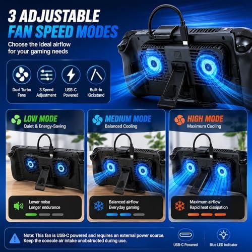 Steam Deck Cooling Fan with Stand, Dual Fan Cooler for Steam Deck, Adjustable Speed USB-Powered Cooler with Blue LED, Portable Cooling Stand for Handheld Gaming - Image 4